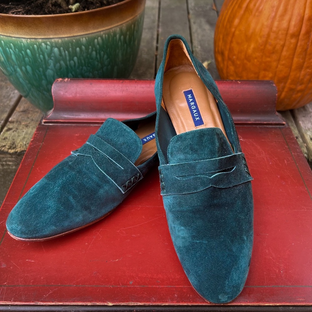 MARGAUX Loafers Preppy Chic Quiet Luxury Green Leather Suede sz 9.5